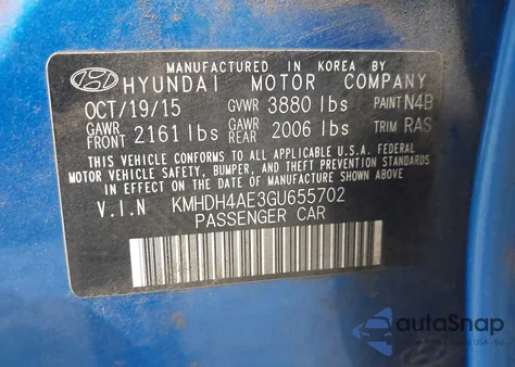 2016 Hyundai Elantra Limited/Se/Value Edition z USA, uszkodzony, nr VIN KMHDH4AE3GU655702